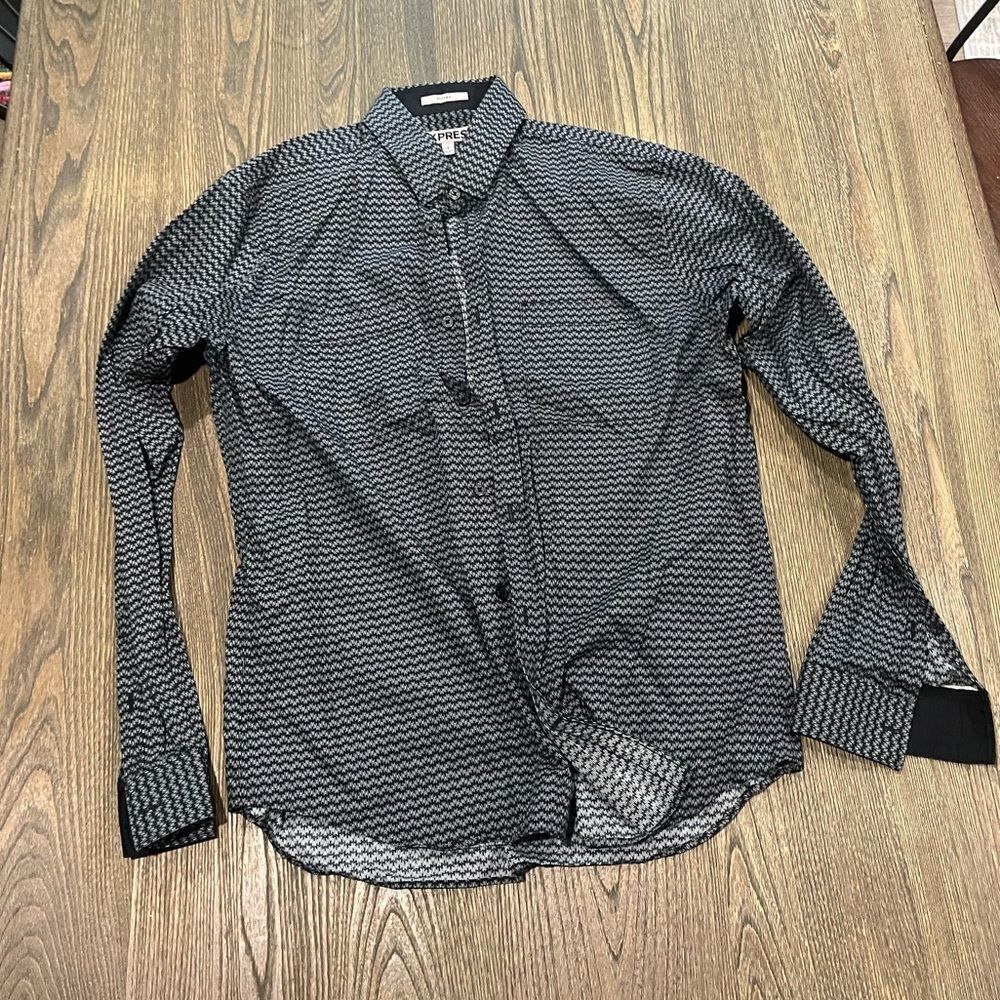 Express Button Down Shirts Fitted Long Sleeves Collared Geometric Black Size L
